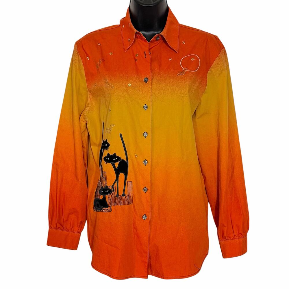 Vtg Karen Scott Halloween Ombre Shirt S Black Cats Studded Moon Spooky 90s Goth